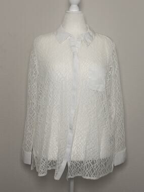 Alfani White Geometric Lace Sheer Collared Long Sleeve Button-Up Shirt L